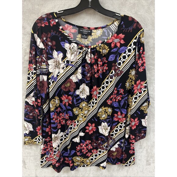 Liz Claiborne Career Top‎ Women’s 1X Dark Floral Black Purple Feminine Office - Picture 1 of 6